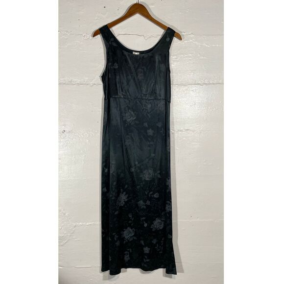 Vintage Dark Teal Satin Maxi Dress Floral Empire Waist Tie Back Sleeveless Sz 10 - Picture 2 of 11